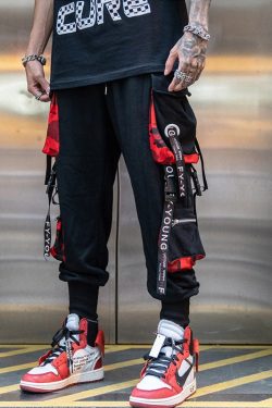 Harajuku Style Men's Hip Hop Black Cargo Pants with Ribbons - Y2K Streetwear