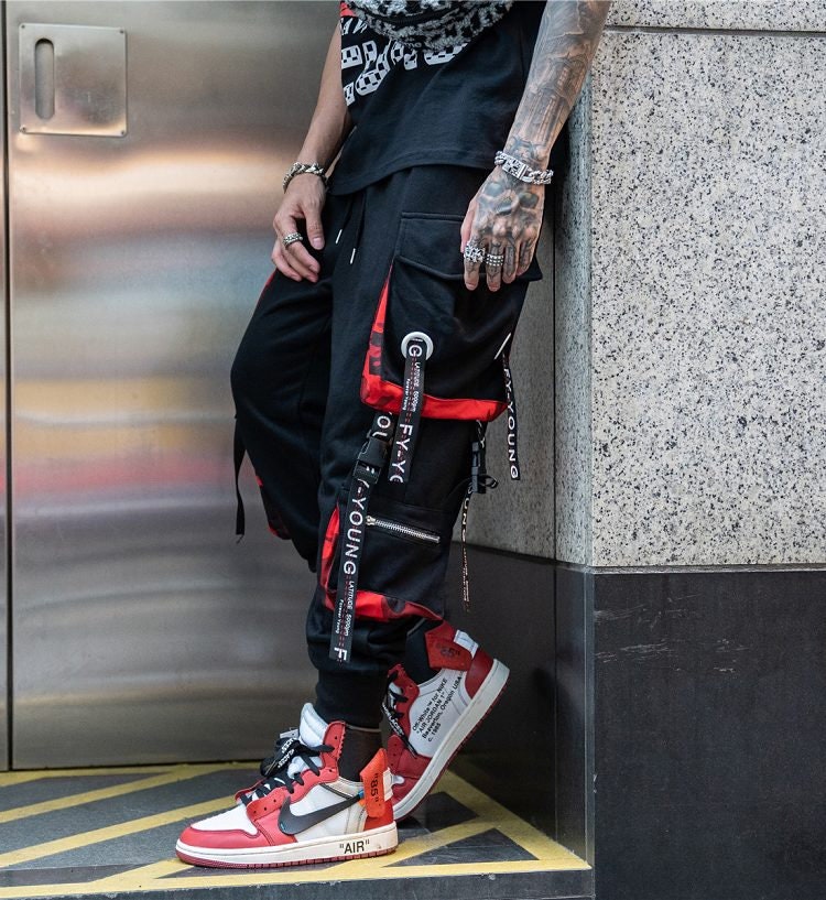 Harajuku Style Men's Hip Hop Black Cargo Pants with Ribbons - Y2K Streetwear