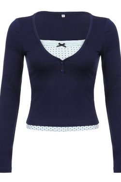 Retro Y2K Clothing: Square Collar Vintage Long Sleeve Tees for Women