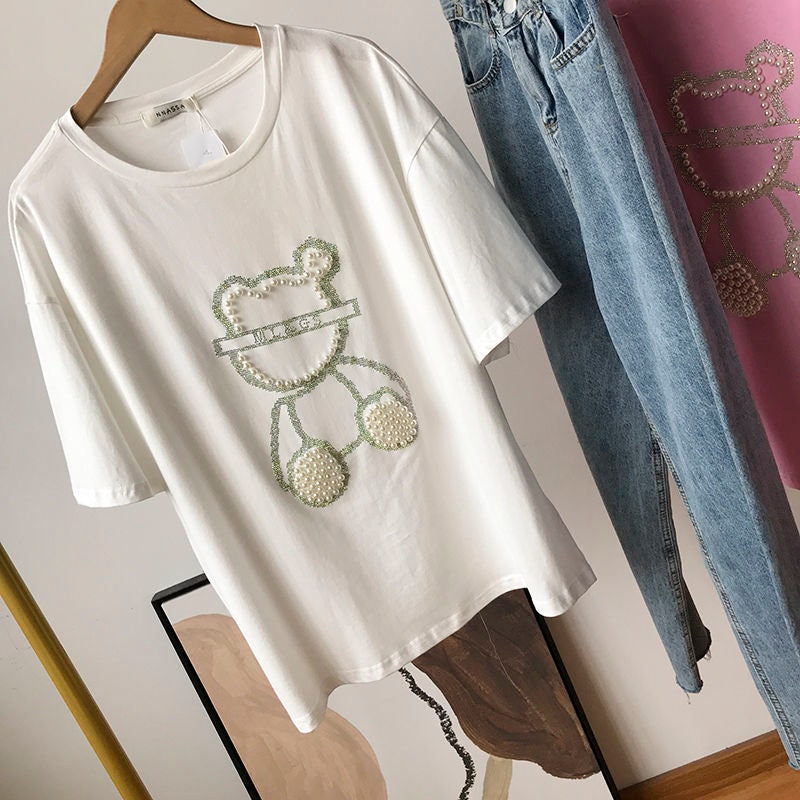 Rhinestone Embellished Teddy Bear Shirt - Kawaii Y2K Aesthetic Fancy Evening Tops for Women