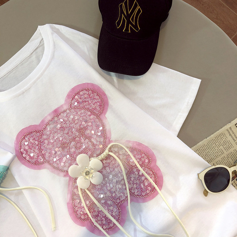 Rhinestone Embellished Teddy Bear Shirt for Women - Y2K Aesthetic Fancy Evening Tops