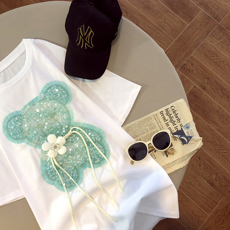 Rhinestone Embellished Teddy Bear Shirt for Women - Y2K Aesthetic Fancy Evening Tops