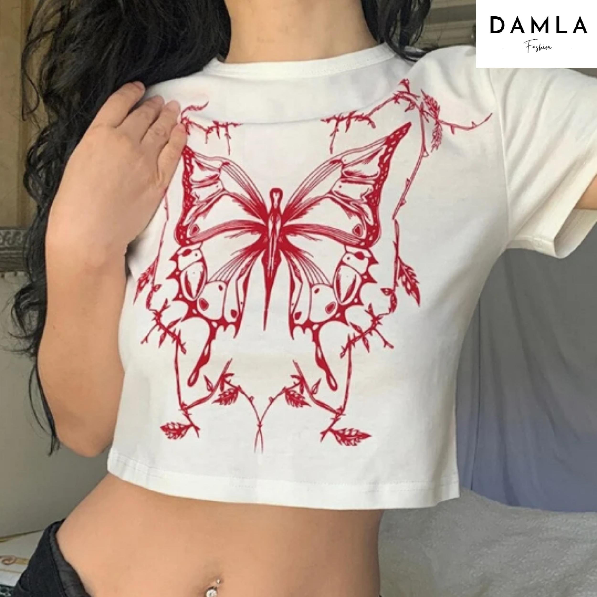 Trendy White Butterfly Print Crop Top for Y2K Aesthetic Clothing