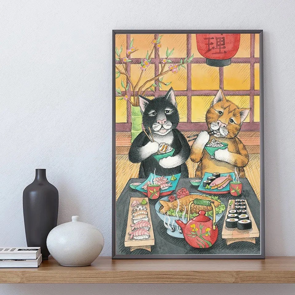 Unique Handmade Japanese Style Ukiyo Wall Art with Samurai Cat
