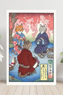 Unique Handmade Japanese Style Ukiyo Wall Art with Samurai Cat