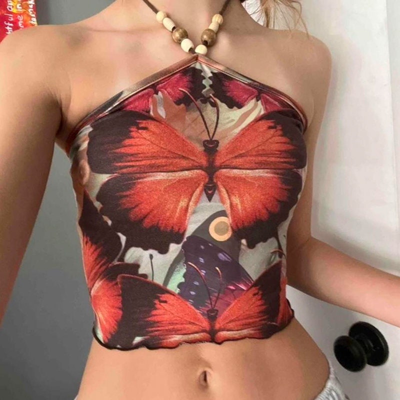 Vintage-Inspired Butterfly Print Crop Top