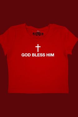 Vintage-inspired God Bless Him Y2K crop top tee shirt