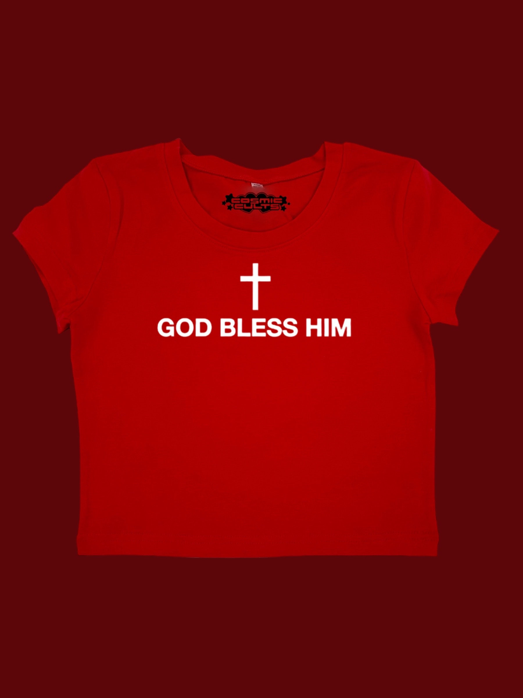 Vintage-inspired God Bless Him Y2K crop top tee shirt