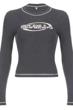 Vintage-inspired Long Sleeve Slim Top for Y2K Fashion Lovers