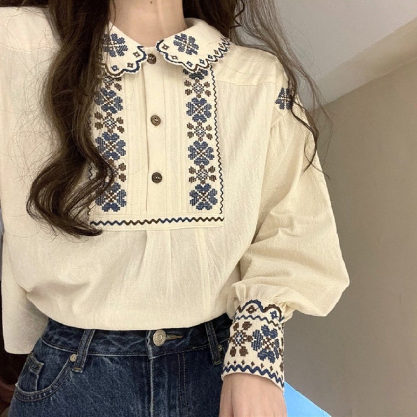 Vintage-inspired Puff Sleeve Ethnic Blouse