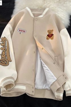 Vintage Bear Embroidered Y2K Baseball Jacket