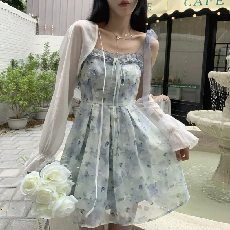 Vintage Blue Floral Slip Dress for Y2K Fashion Lovers