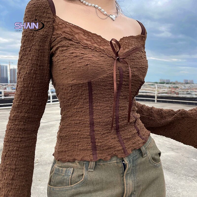 Vintage Brown Lace Patchwork Crop Top - Y2K Clothing