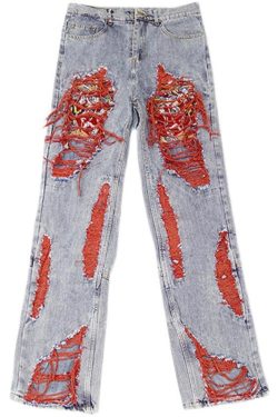 Vintage Distressed Red Knit Stack Jeans for Y2K Streetwear Men
