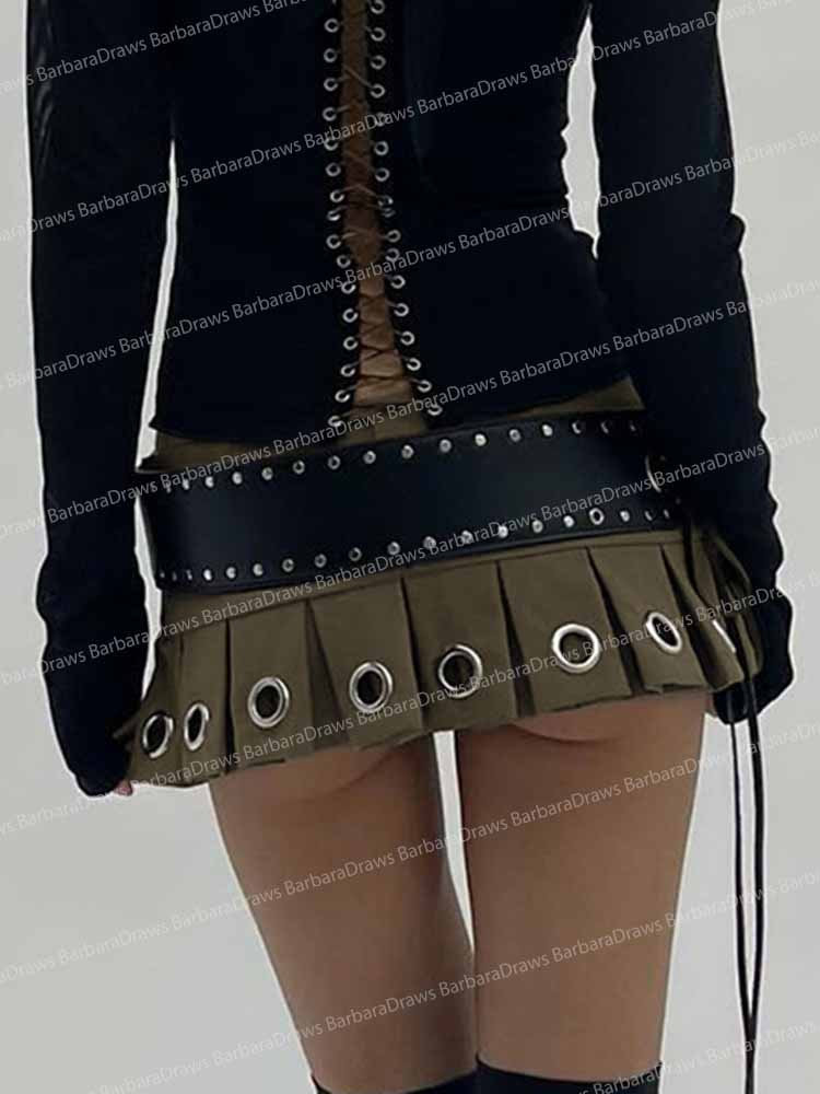 Vintage Grunge 2000s Y2K Mini Pleated Skirt with PU Belt