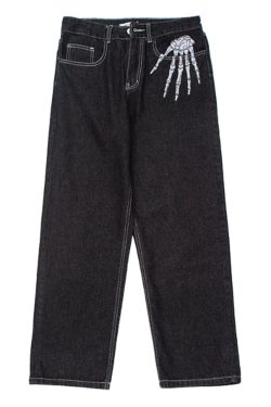 Vintage Skeleton Embroidery Baggy Jeans - Y2K Streetwear Fashion