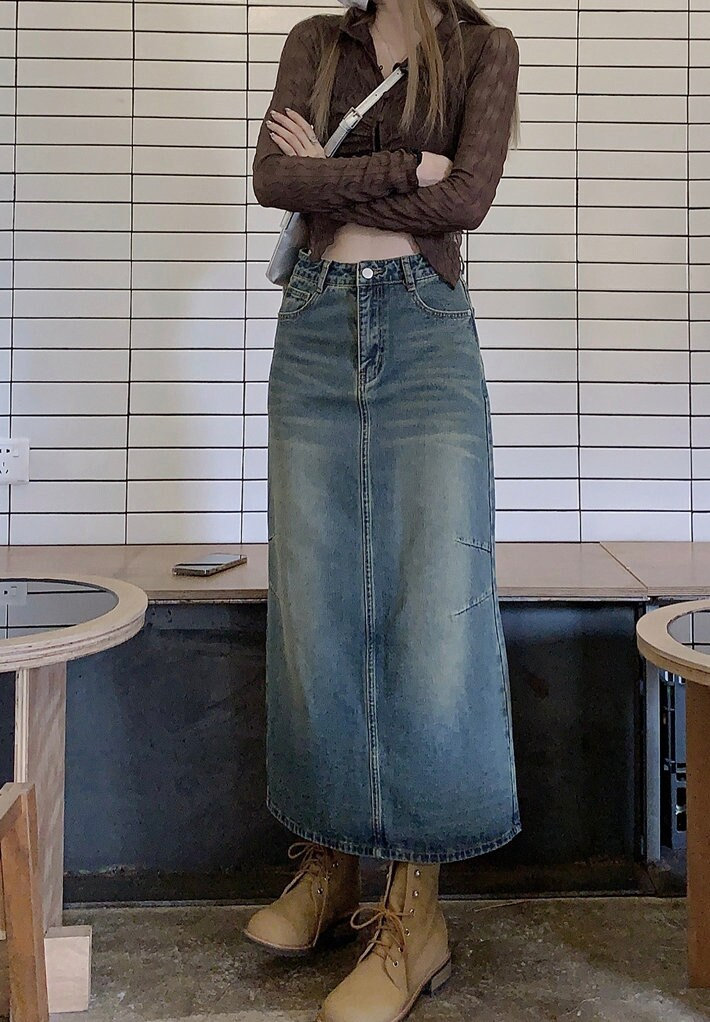 Vintage Y2K Aesthetic Denim Midi Skirt