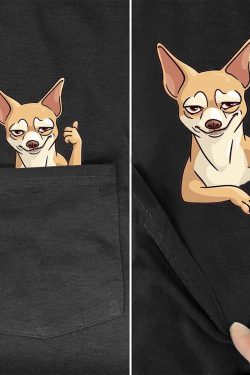 Vintage Y2K Chihuahua Pocket T-Shirt with Cute 3D Cartoon Pet Dog Design