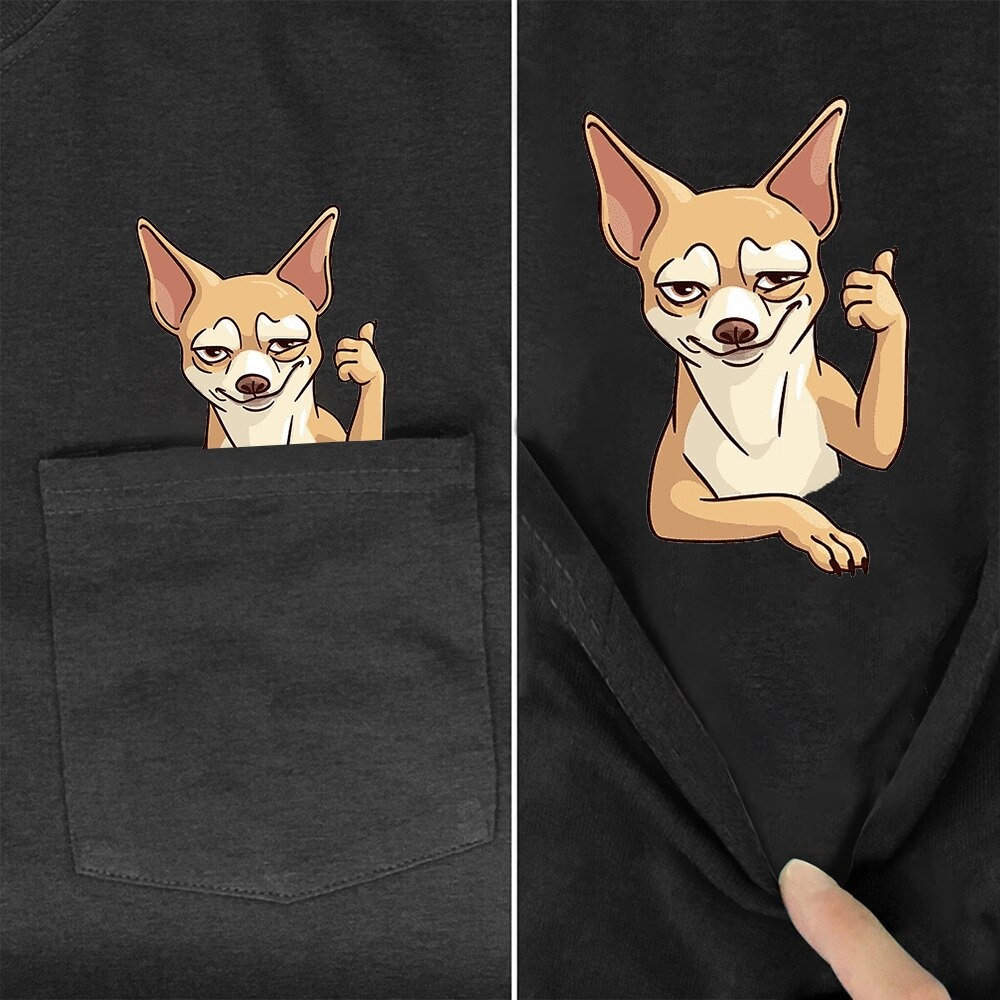 Vintage Y2K Chihuahua Pocket T-Shirt with Cute 3D Cartoon Pet Dog Design