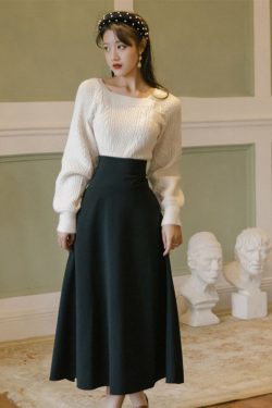 Vintage Y2K Dark Academia Dress with Long Sleeve Pullover Sweater & Maxi Skirt Suit