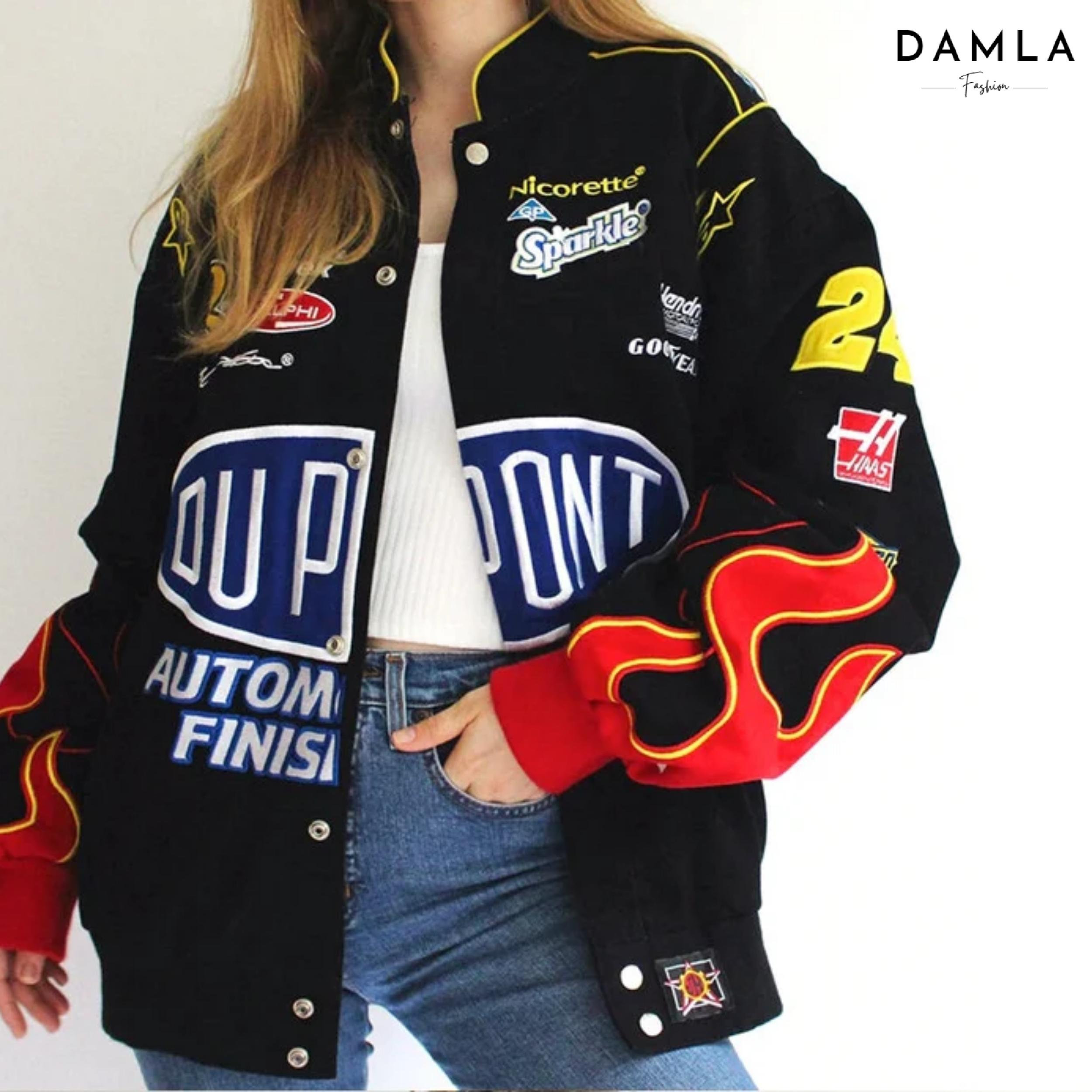Vintage Y2K NASCAR Fan Racing Jacket with Oversized Fit and Printed Logos