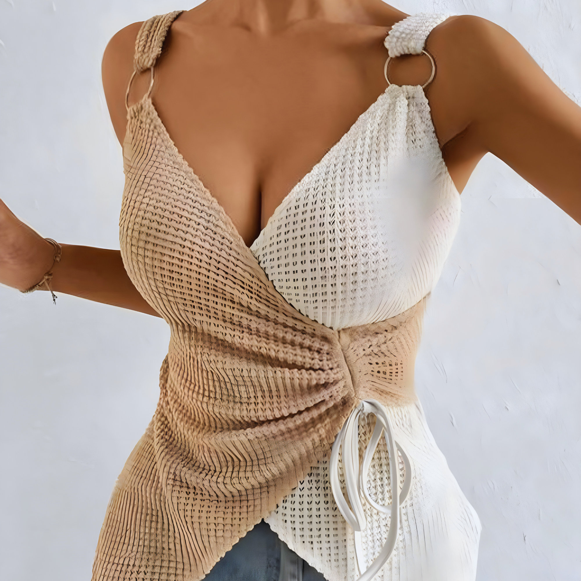 Y2K Backless Tank Top with Two Tone Back Tie in White & Brown