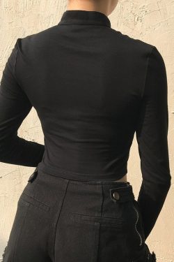 Y2K Black Cut Out Decorated Sexy Long Sleeve Turtleneck Crop Top