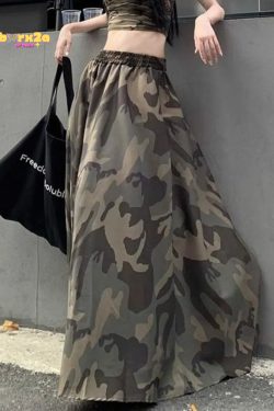 Y2K Camouflage Elastic Waist Midi Skirt