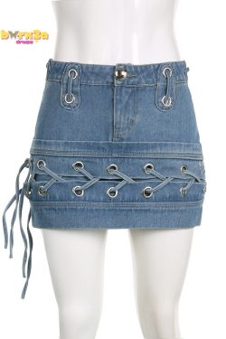 Y2K Cross Bandage Skinny Mini Jean Skirt