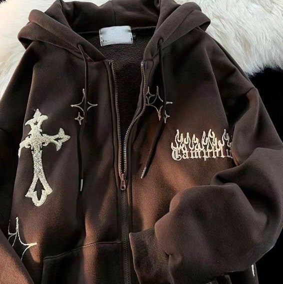 Y2K Embroidery Cross Gothic Oversized Hoodie Zip Up