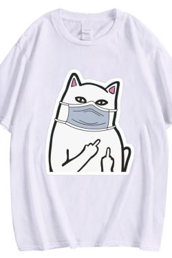 Y2K Funny Animal Cat Middle Finger Mask Pocket T-Shirt