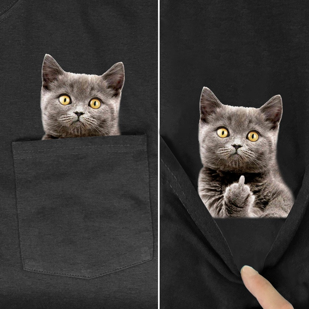 Y2K Funny Animal Pocket Cat Stickers Print T-Shirt