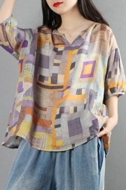 Y2K Geometric Print Loose Cotton Linen Casual T-shirts