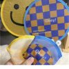Y2K Handmade Summer Folding Fan with Chessboard Grid and Smiley Face Design