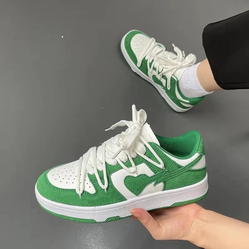 Y2K Heart Sneakers for Couples - Lace Up Casual Trainers in Green, Beige, and Blue - Free Shipping