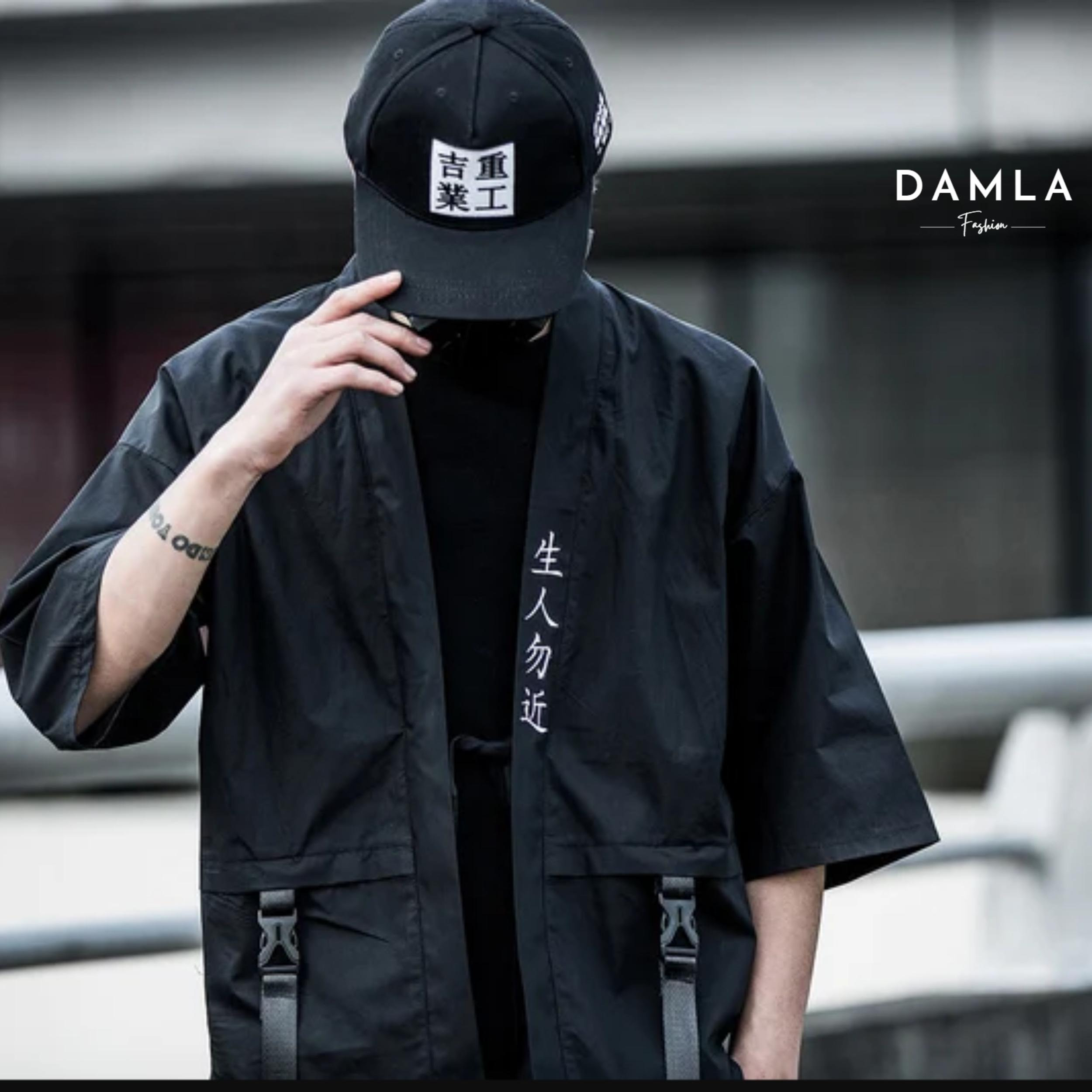 Y2K Japanese Streetwear Black Kanji Samurai Kimono T-Shirt