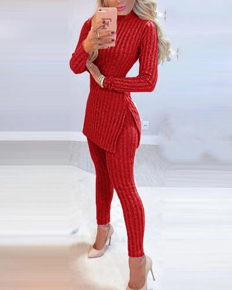 Y2K Knitted 2 Piece Suit with Women Long Sleeve Tracksuit