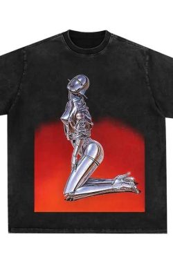 Y2K Robot Graphic Washed T Shirt