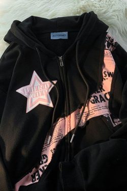 Y2K Star Print Oversized Zip Up Hoodie