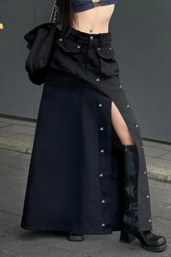 Y2K Streetwear Gothic Punk Style Rivet Long Skirt