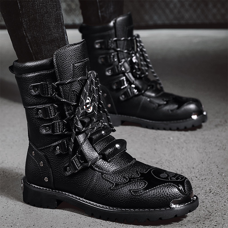 Y2K Style Men's Leather Gothic Military Boots for Outdoor Tactical Fashion