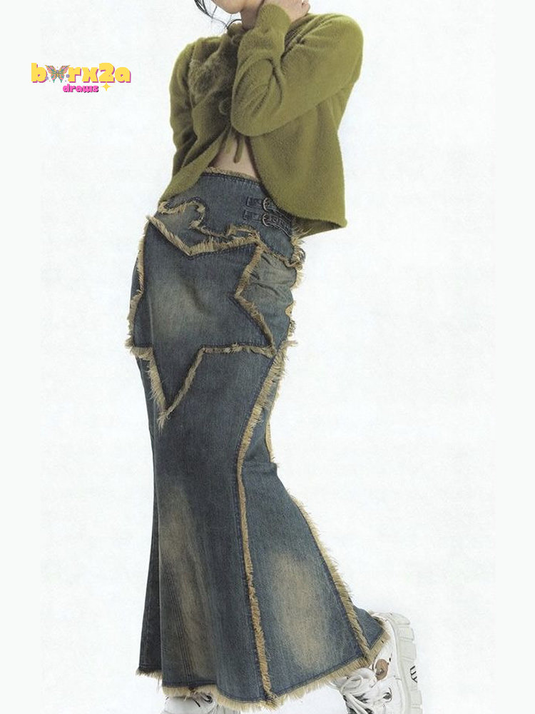 Y2K Vintage Star Knee Length Denim Midi Skirt