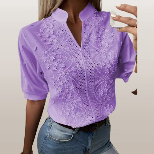 Y2K Women's Chic Hollow-Out V Neck Lace Blouse with Floral Patterns