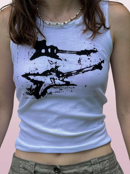 Y2K Women's Clothing: Guitar Print Casual Sleeveless Tank Crop Top
