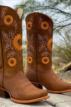 Y2K Women's Genuine Leather Sunflower Embroidered Square Toe Cowboy Boots