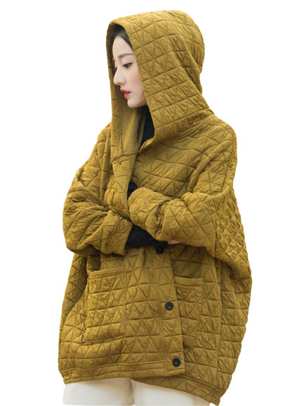 Y2K Women's Quilted Hoodie Jacket | Vintage Button Bat Sleeve Parkas | Solid Color Warm Coats