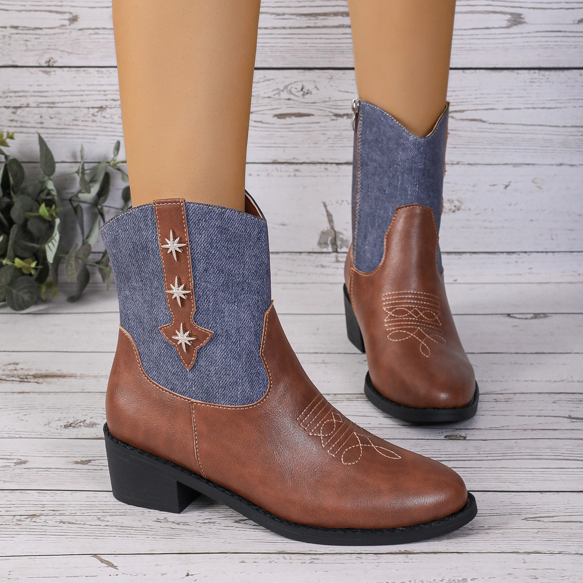 autumnwinter women's retro denim patchwork cowboy chelsea boots 2812
