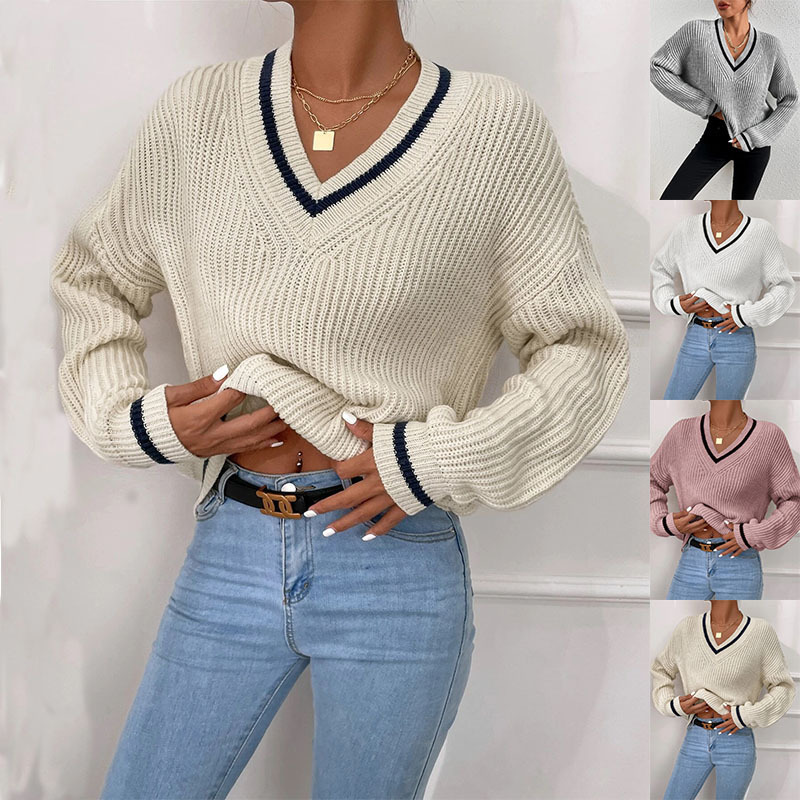 casual winter women's cable knit v neck striped pullover sweater top 6759