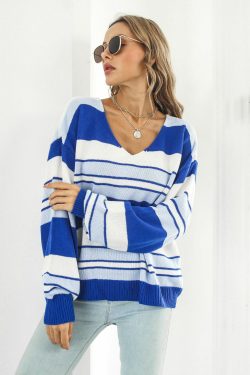 chic women's striped v neck sweater with long sleeves   fashionable & loose 1494