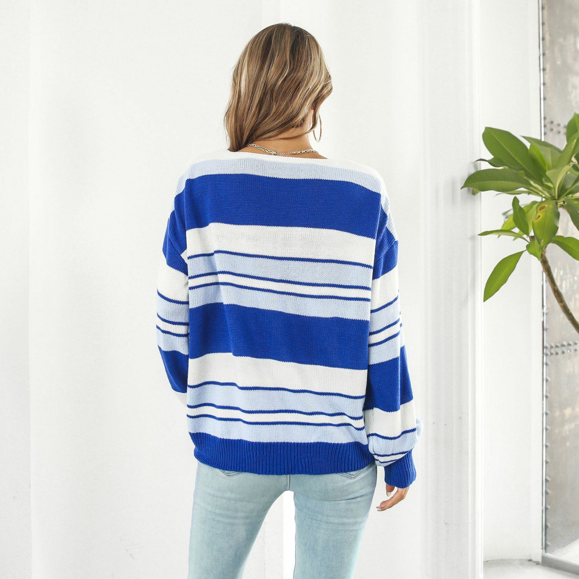 chic women's striped v neck sweater with long sleeves   fashionable & loose 6654